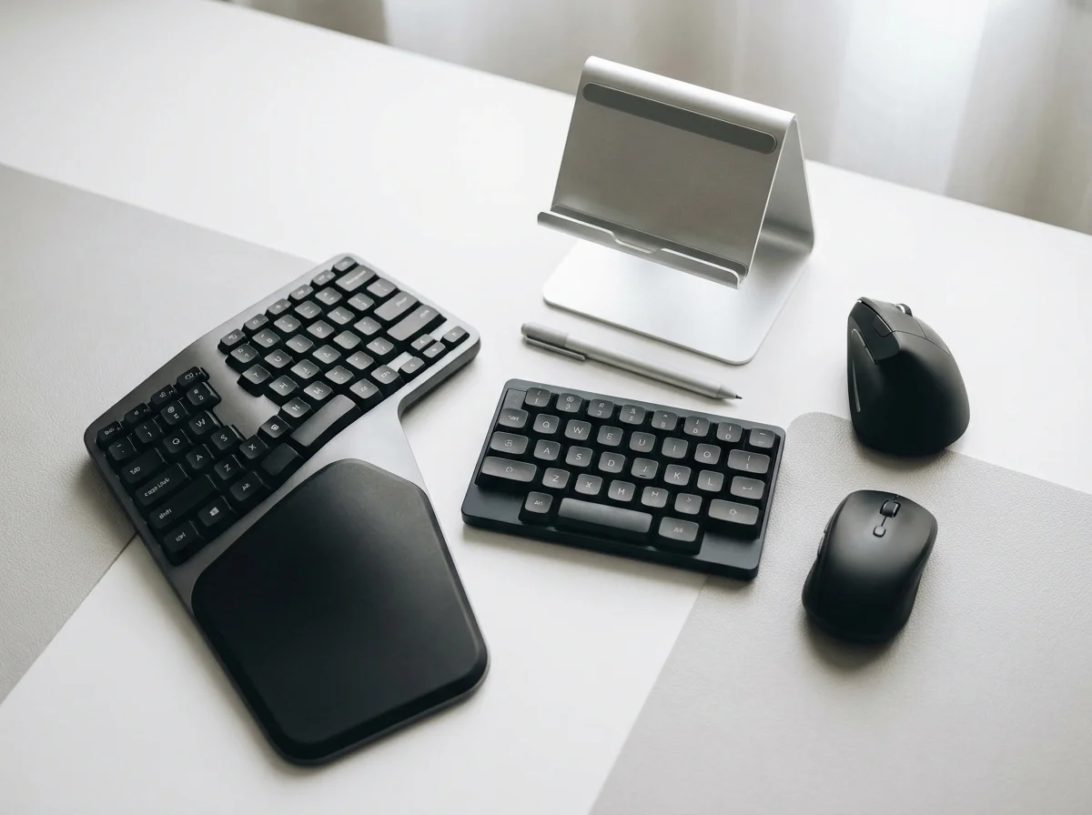 Flat-lay of adaptive typing gadgets for one-handed users, including a one-handed keyboard, ergonomic mouse, and stylus