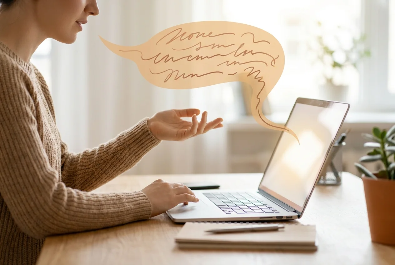 Illustration of a one-handed worker dictating at a desk, text appearing on screen as they speak