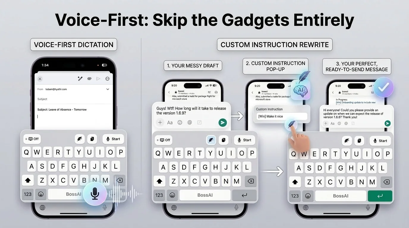 BossAI voice-first workflow shown on iPhone, dictating and rewriting an email hands-free during one-handed typing