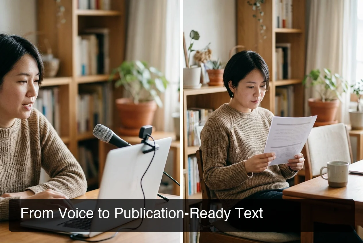 Split comparison showing raw Google Docs voice typing dictation next to AI-polished BossAI output