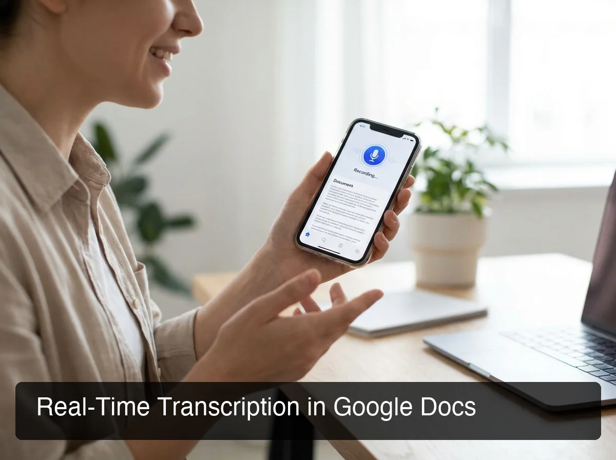Voice dictation in Google Docs shown active on a smartphone screen with real-time transcription