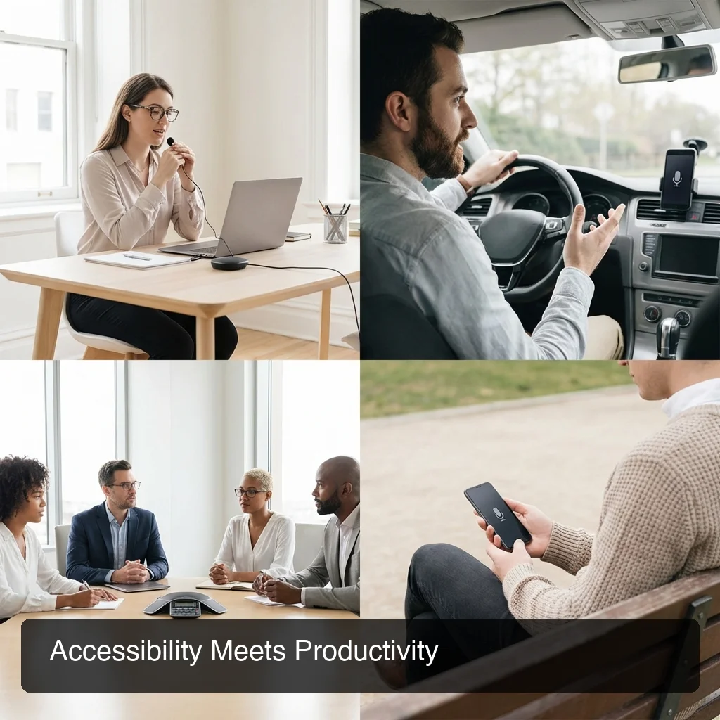 Diverse people using voice typing at desk, in car, during a meeting — natural authentic settings