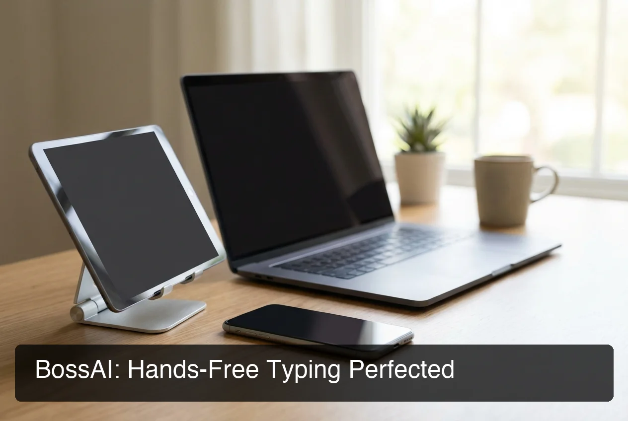 BossAI interface on phone, tablet, and desktop with seamless sync visualization, modern UI design