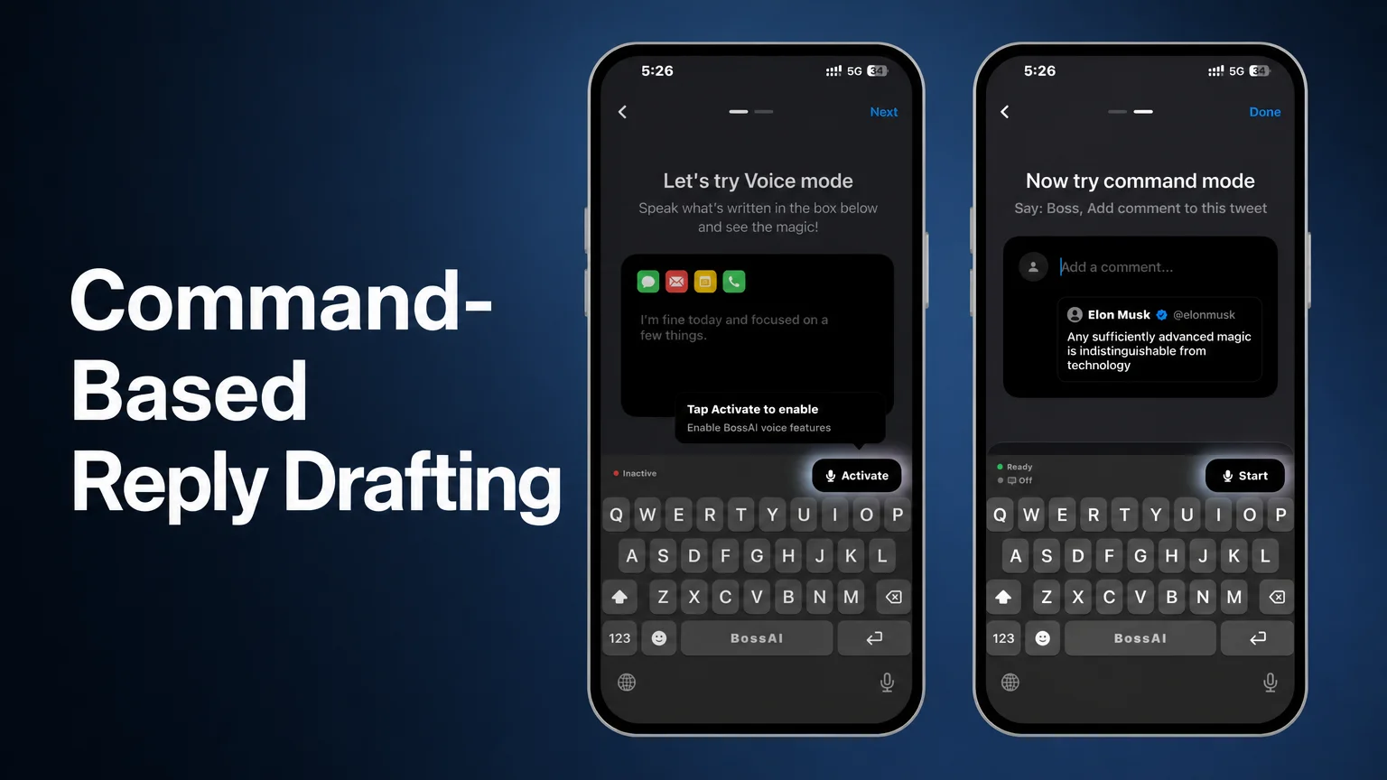 BossAI iOS voice mode and command mode screens, where Boss Mode reads the on-screen post and drafts a response
