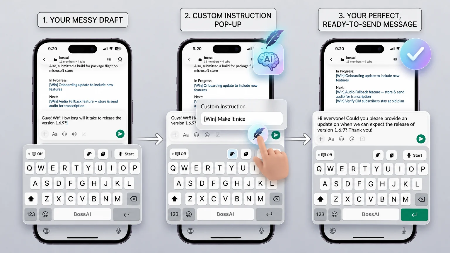 BossAI Rewrite on iOS turning a blunt message into a polished professional tone with a custom instruction