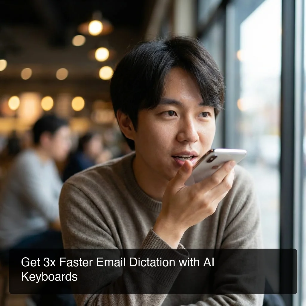 person using BossAI AI keyboard for faster voice dictation on iPhone in coffee shop environment