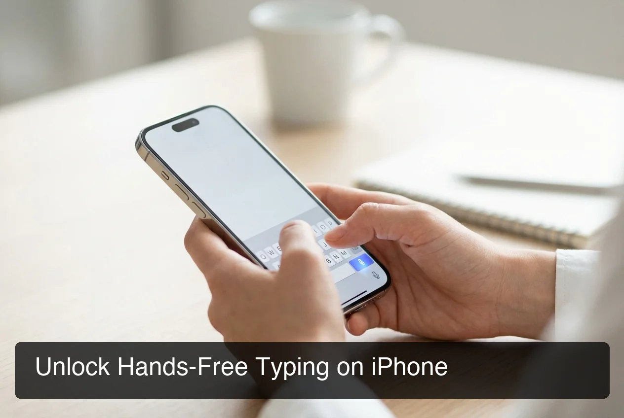 speech to text iphone keyboard microphone button glowing with hands-free voice typing in action