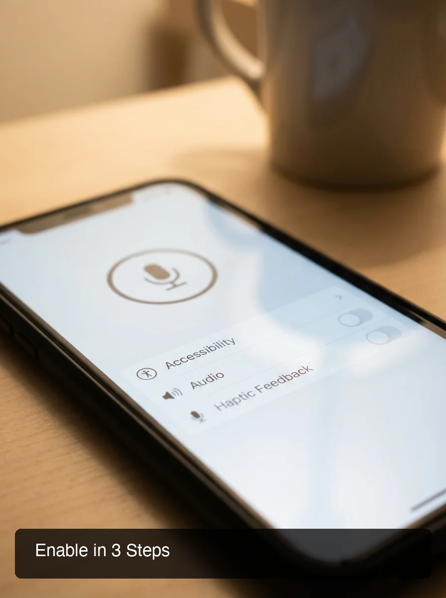 Close-up of smartphone screen showing microphone button enabled, warm soft lighting, clean minimal background