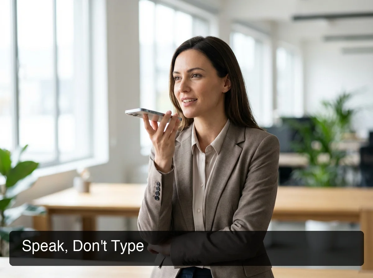Professional speaking naturally into their smartphone in a modern office, confident posture, clean lighting