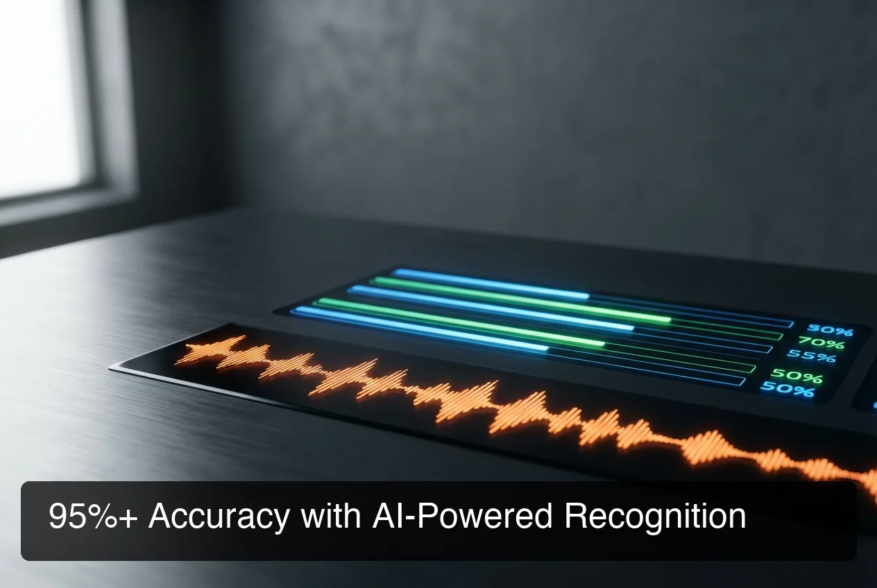BossAI ai dictation software showing 95%+ accuracy metrics and real-time voice transcription speed
