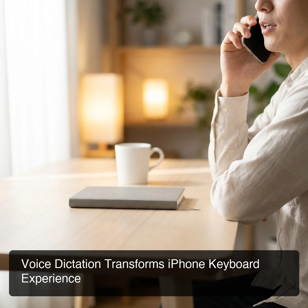 BossAI voice dictation transforms iPhone keyboard experience at a desk with productivity tools