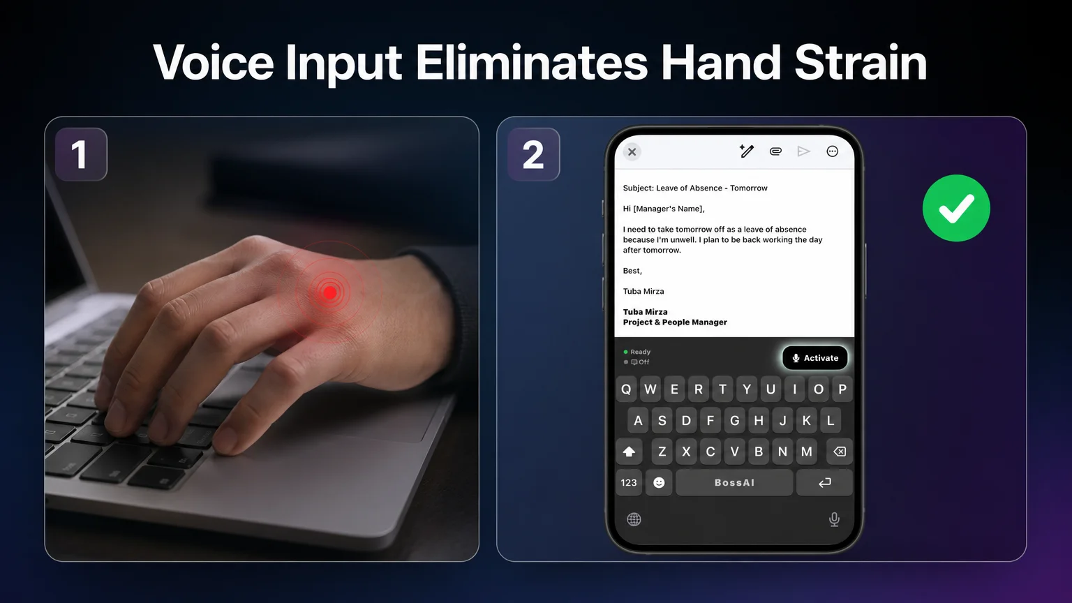 BossAI voice mode on the iOS keyboard with the Activate button, next to a hand strained on a laptop keyboard for rheumatoid arthritis typing