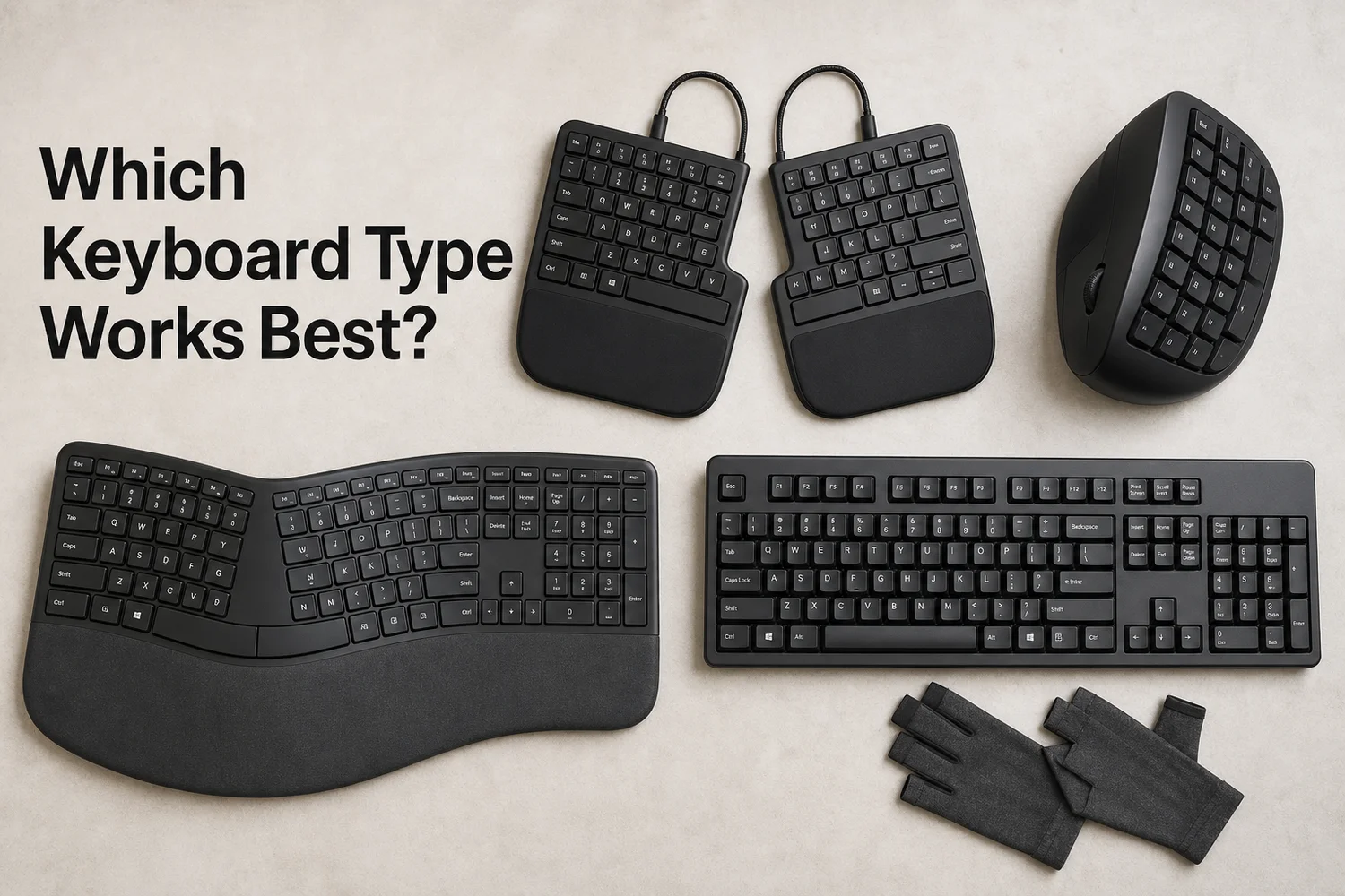 Ergonomic keyboard types shown side by side including split, vertical, curved, and standard designs with typing gloves for tendonitis relief