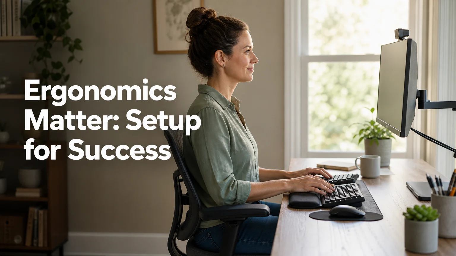 Person using an ergonomic split keyboard with a wrist rest at a properly set up home office desk with monitor at eye level