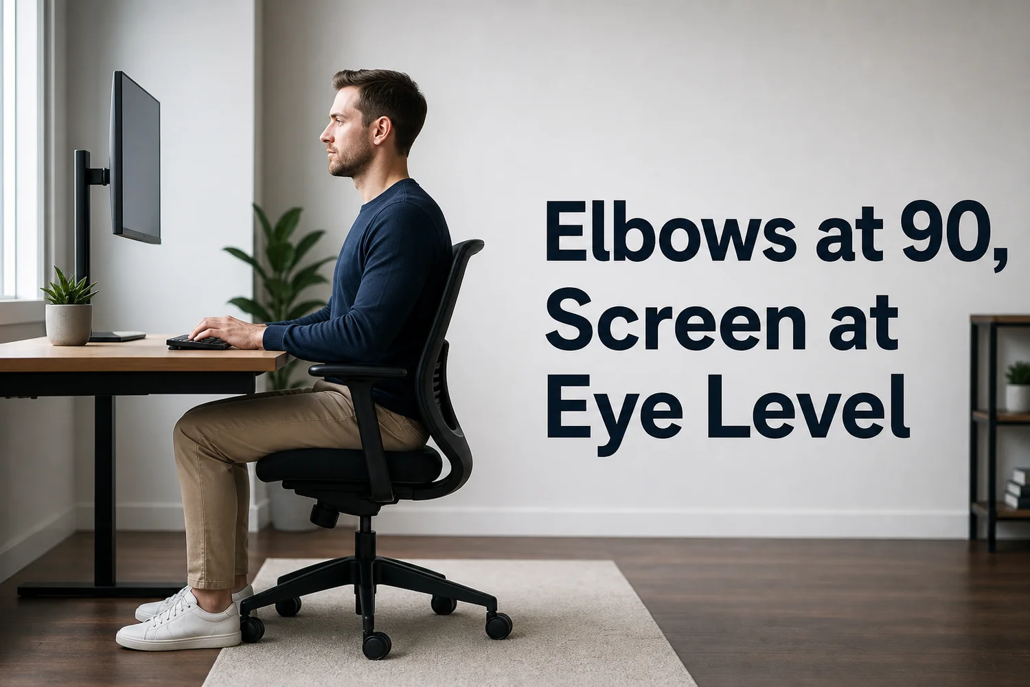 BossAI desk ergonomic setup showing 90-degree elbow angle and eye-level monitor position for carpal tunnel prevention