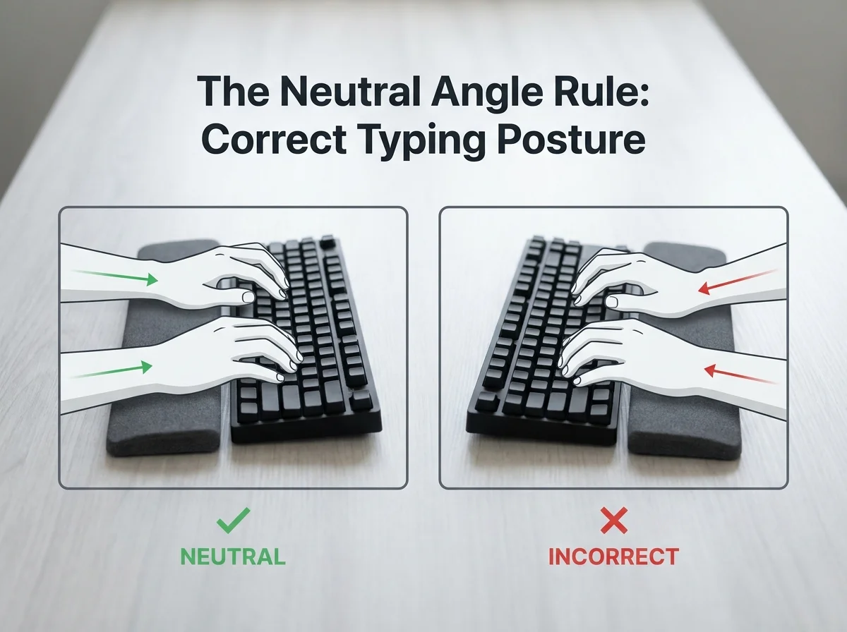 Diagram comparing a neutral 0-degree wrist angle against an upward-bent wrist while typing with a wrist rest