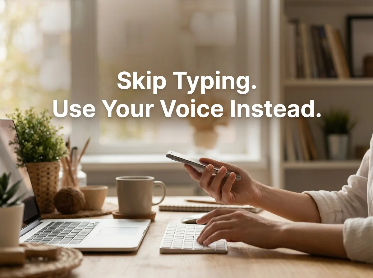 Person using BossAI voice dictation with hands relaxed away from the keyboard, demonstrating carpal tunnel prevention for typists