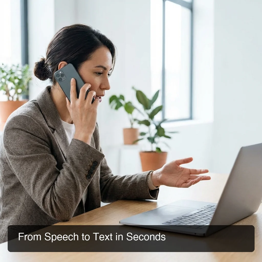 Professional using BossAI voice input on mobile device for real-time speech to text transcription