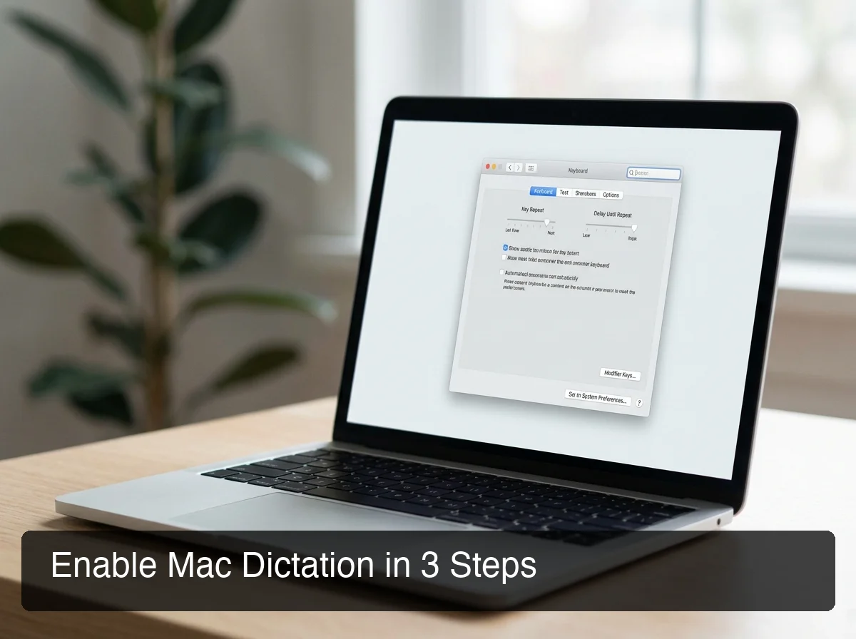mac dictation keyboard command settings panel on MacBook showing Keyboard preferences