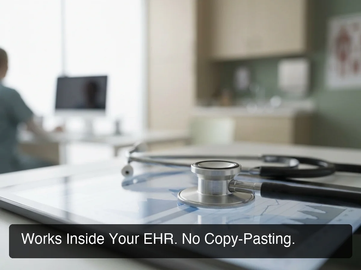 Medical dictation software EHR integration showing stethoscope on medical tablet