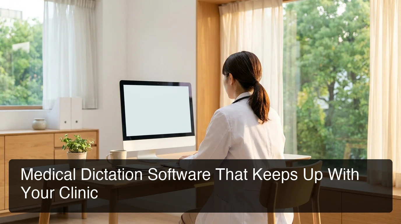 Medical dictation software for doctors showing physician at desk with computer