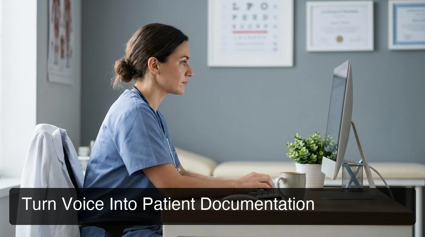 BossAI voice to text for doctors healthcare professional at desktop workstation with EHR documentation visible on screen