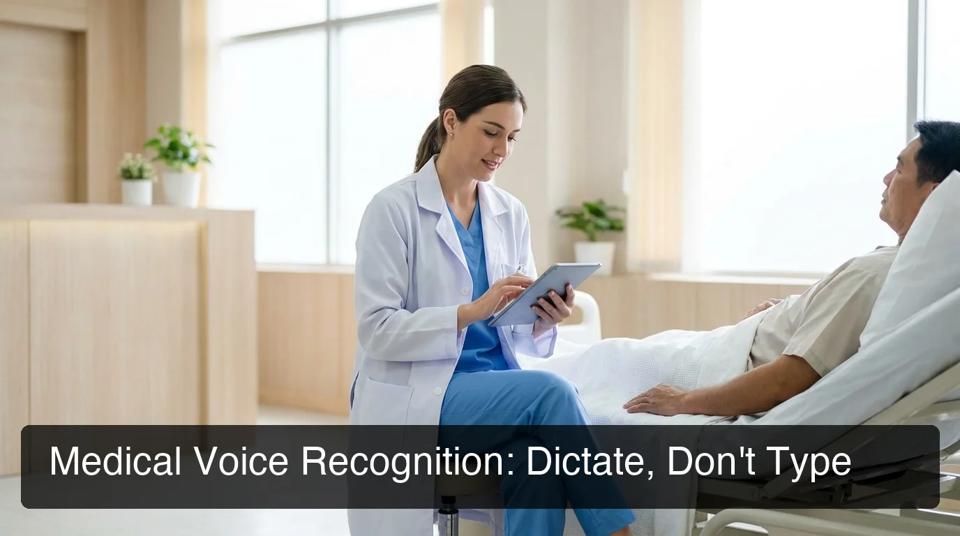 BossAI medical voice recognition software doctor dictating clinical notes on a tablet at patient bedside