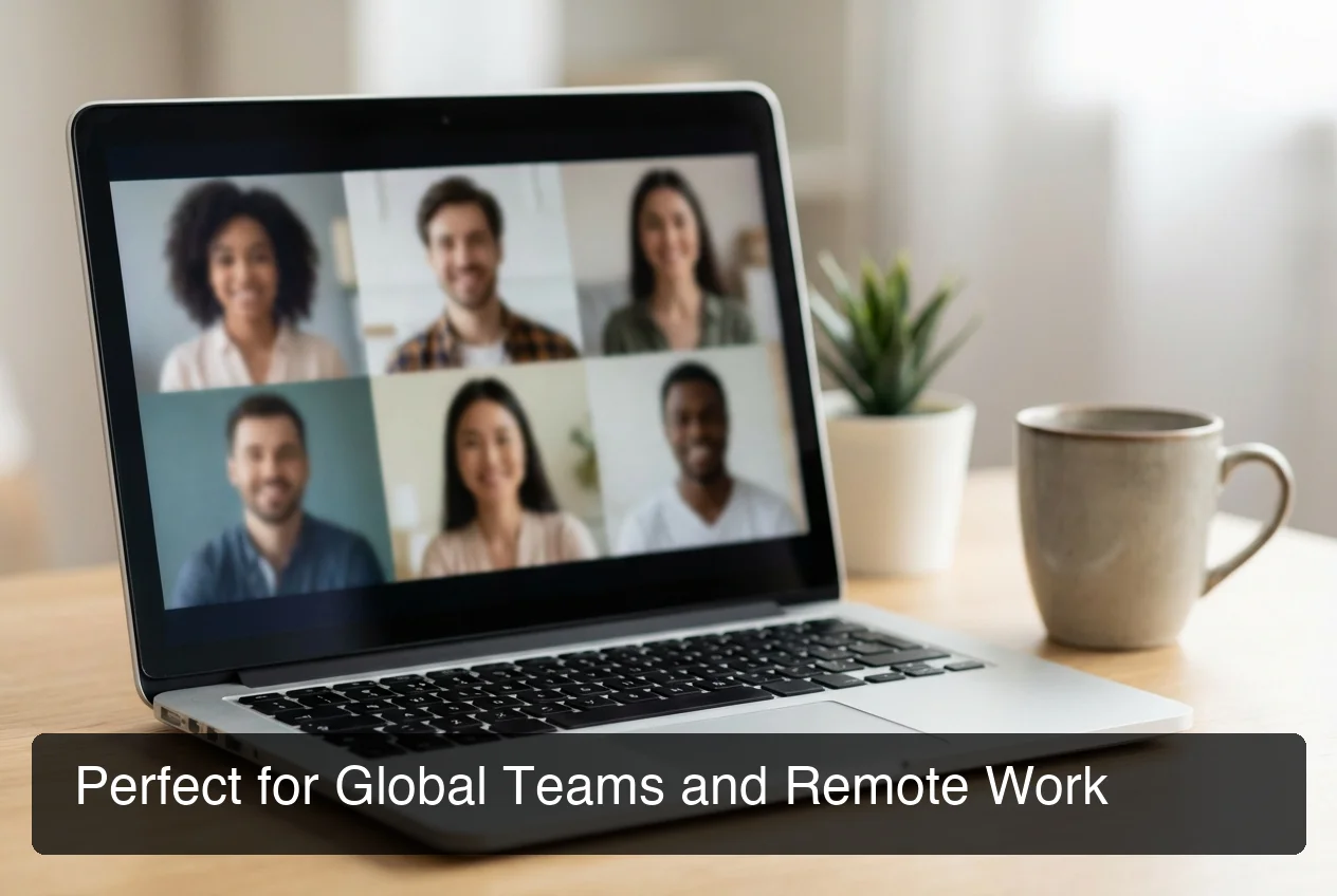 BossAI global team collaboration showing remote video call participants using multilingual dictation