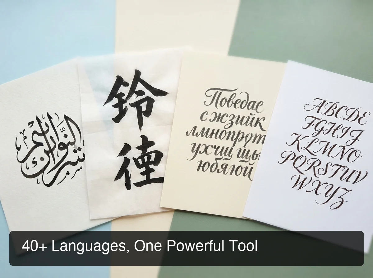 BossAI language script diversity showing Arabic, Chinese, Cyrillic, and Latin characters in modern typography