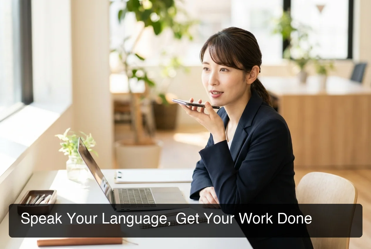 BossAI professional woman using multilingual ai voice typing for work in a modern office