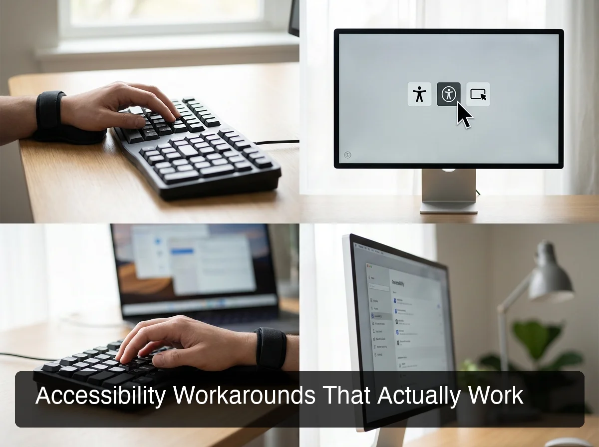 Split screen: one hand using custom keyboard with adaptive software, modern monitor setup, accessibility tools visible on screen