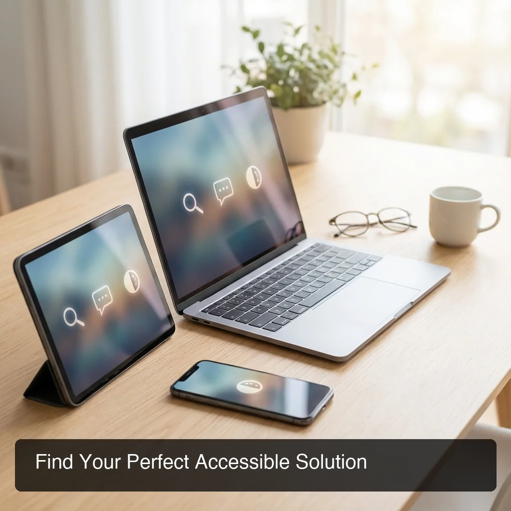 Diverse setup: laptop, tablet, smartphone arranged with accessibility icons, clean tech aesthetic, emphasis on multi-device workflow
