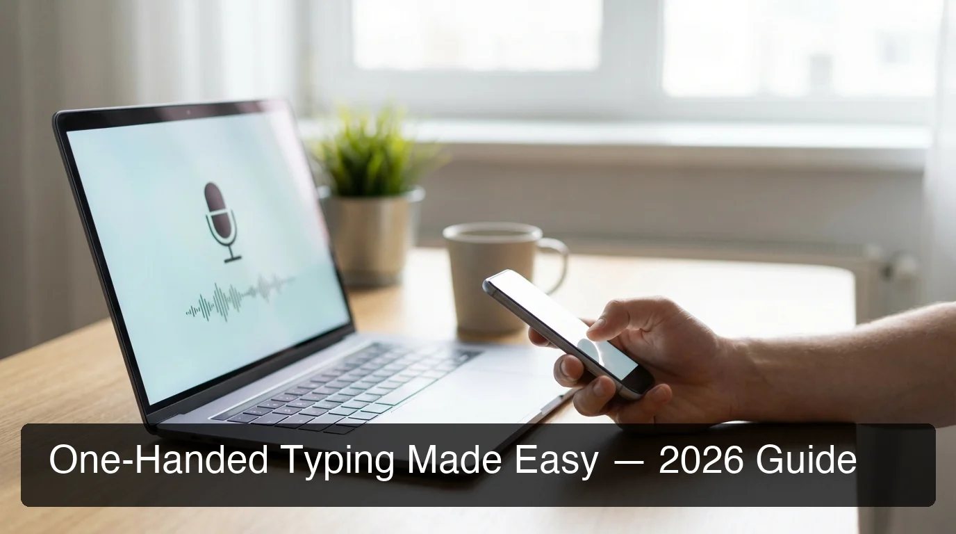 Person typing on phone using one-handed method, laptop nearby with voice input active, clean minimal workspace