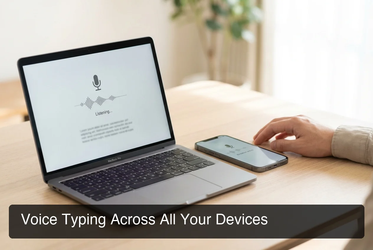 iPhone and Mac keyboard displayed side-by-side, voice-to-text interface active, person's hand near device, professional setup
