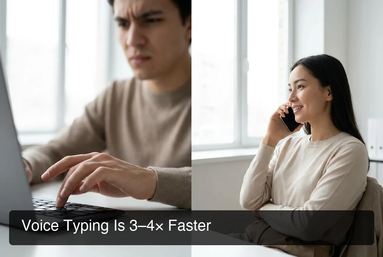 BossAI voice typing speed comparison — split-screen: left shows frustrated one-handed typing hunt-and-peck, right shows relaxed voice dictation; clean minimal design
