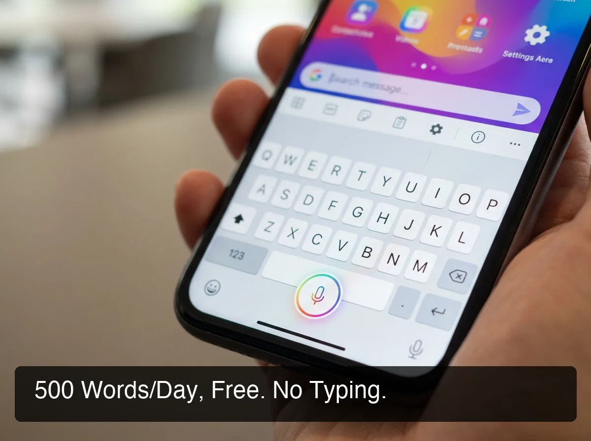 BossAI zero typing free tier — close-up of smartphone keyboard with microphone button highlighted, vibrant app interface visible, minimal text overlays