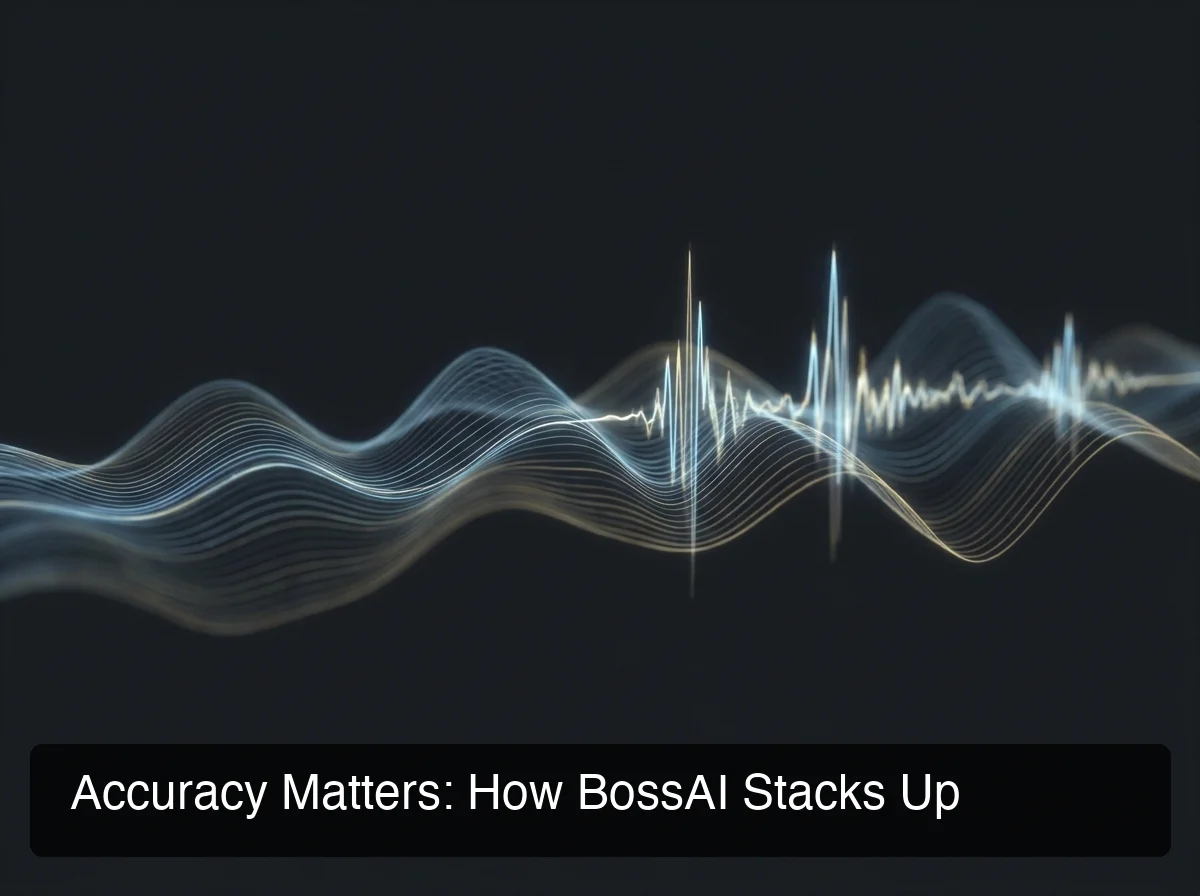 BossAI voice to text alternatives — abstract audio waveform visualization showing speech-to-text signal flow, high-contrast editorial look on dark background