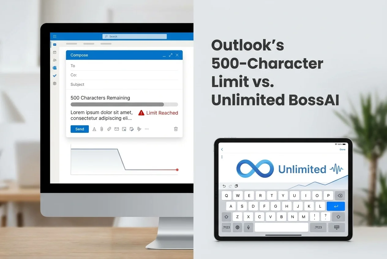 Outlook's 500-character voice dictation limit compared side by side with unlimited BossAI dictation