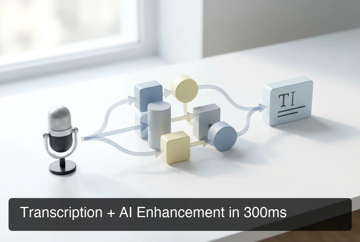 BossAI ai voice dictation pipeline showing transcription and AI enhancement processing in 300ms