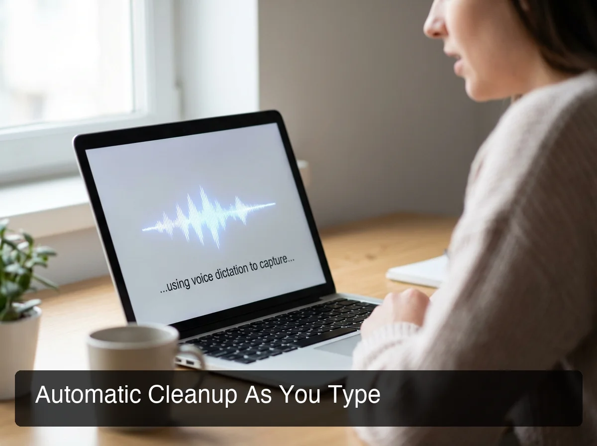 BossAI automatic filler word removal showing voice typing interface with audio wave visualization