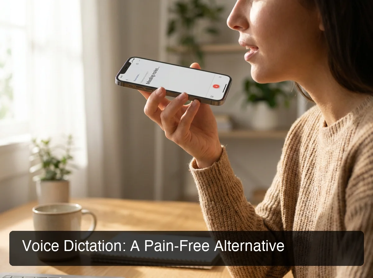 BossAI hands-free dictation — user speaking into smartphone with polished text appearing on screen, minimal UI, natural light