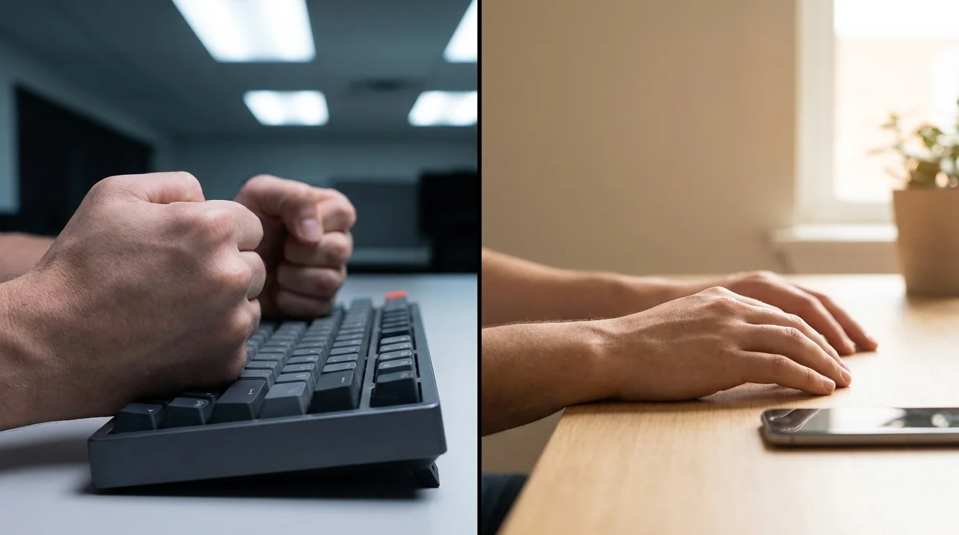 Speech to text RA workflow — split comparison of tense keyboard hands versus relaxed hands near phone using voice dictation