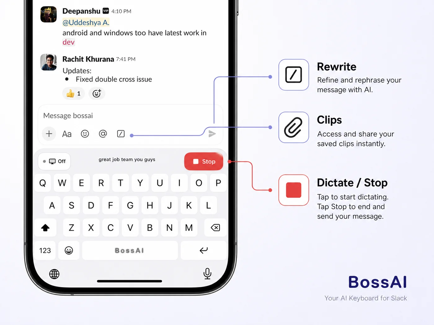 BossAI keyboard feature breakdown showing the rewrite, clips, and dictation controls used inside a Slack chat