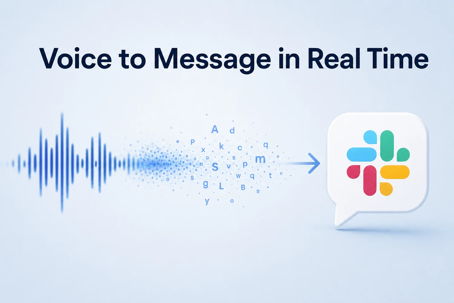 Voice waveform converting into text and then into a Slack message bubble, representing real-time slack transcribe audio dictation