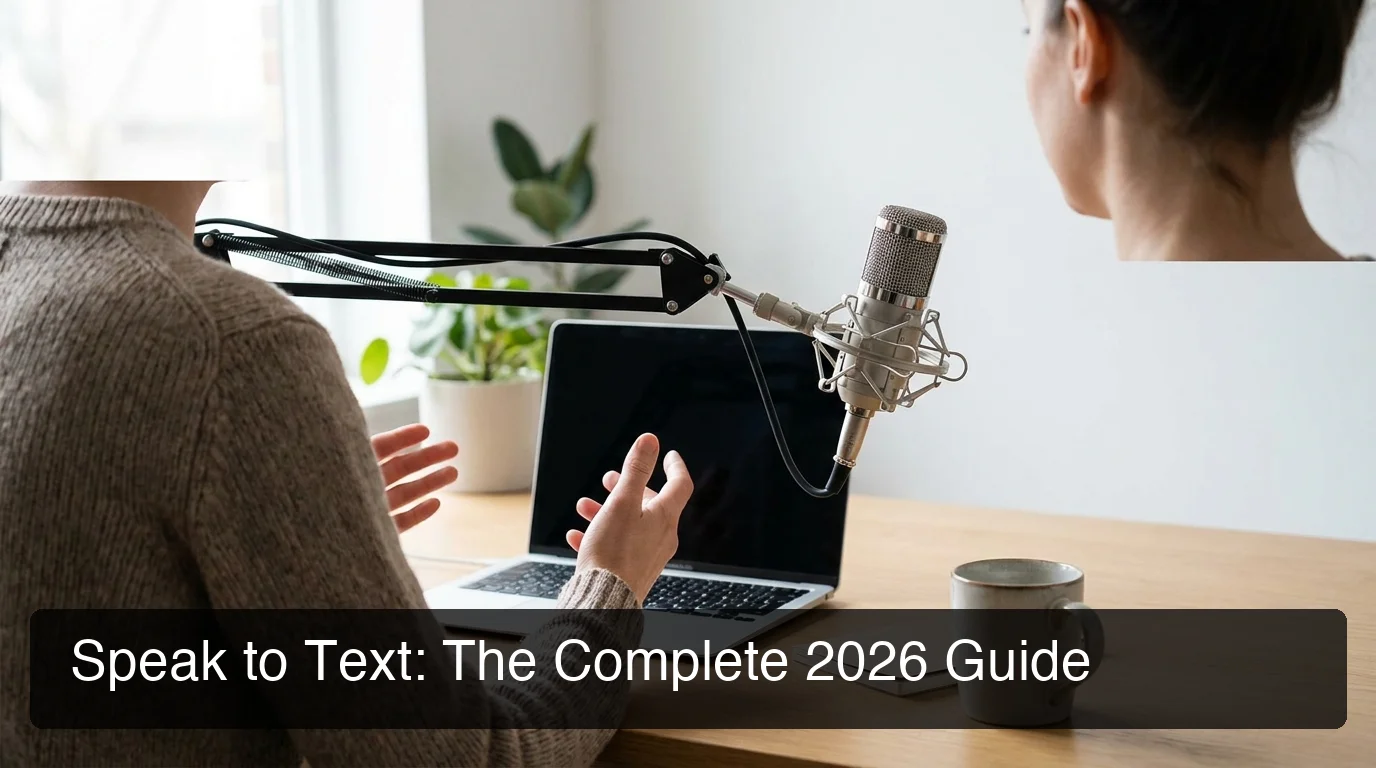 BossAI speak to text guide — professional workspace with laptop and microphone for voice dictation