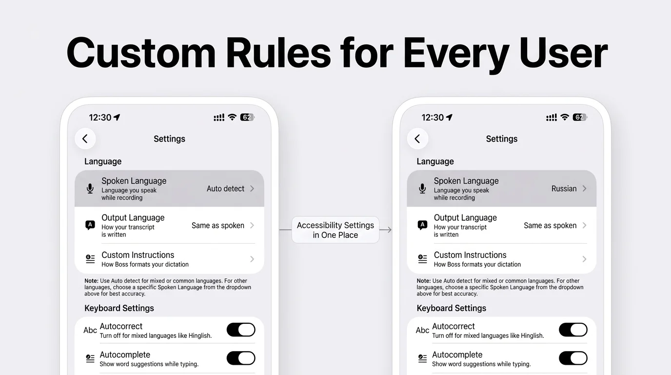 BossAI accessibility settings showing spoken language options and custom instructions for accessible dictation