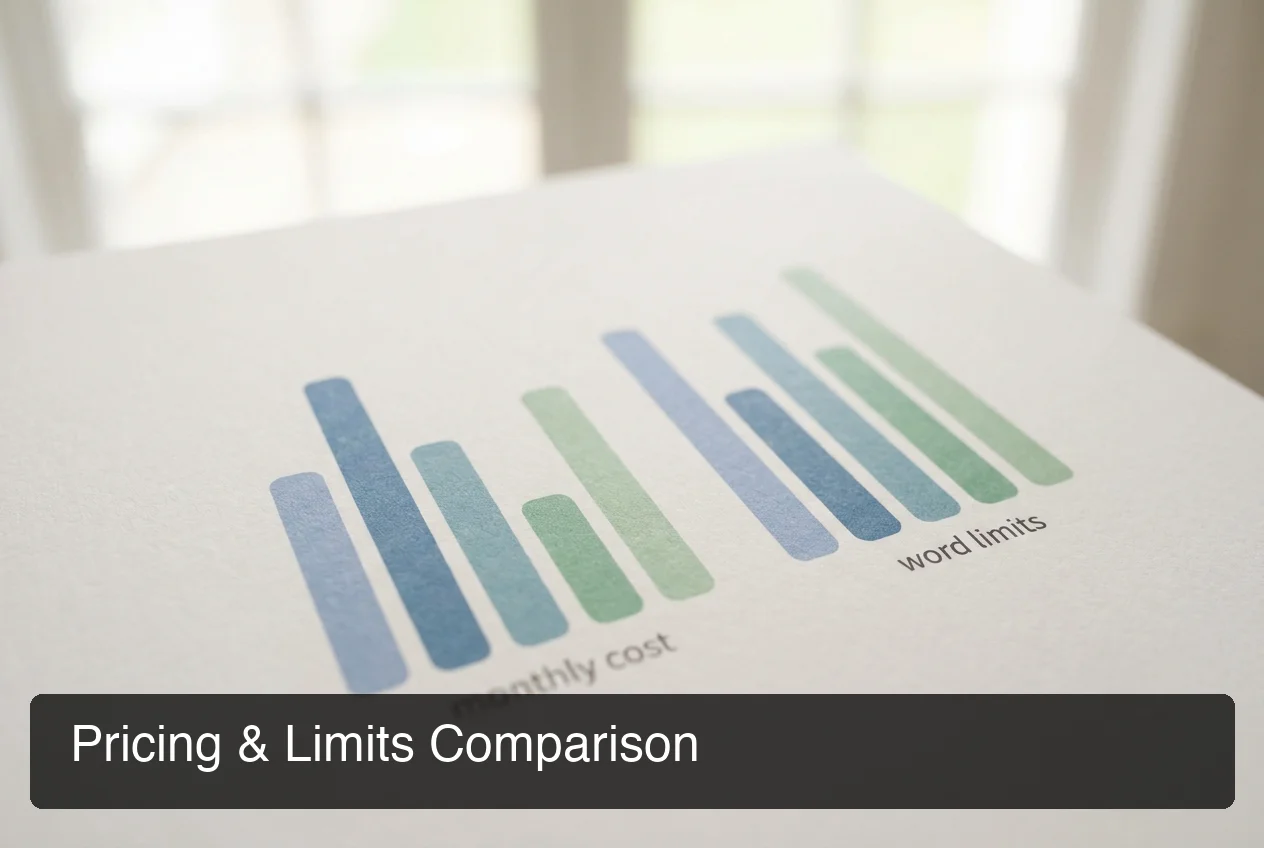 Speechify pricing comparison chart showing monthly cost and word limits against BossAI