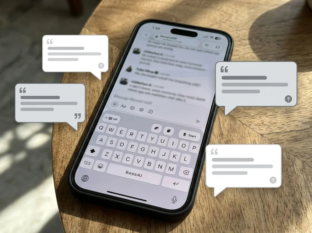 BossAI keyboard active inside a Slack conversation, shown alongside a graphic compiling community feedback on reddit voice dictation app recommendations