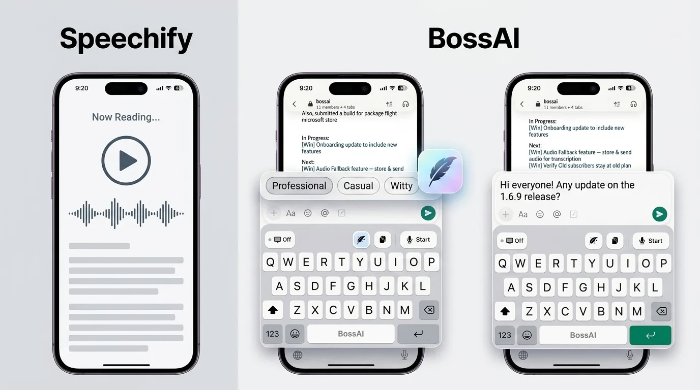 BossAI Rewrite feature showing a message transformed from a casual draft into a polished, ready-to-send reply through a custom-instruction pop-up