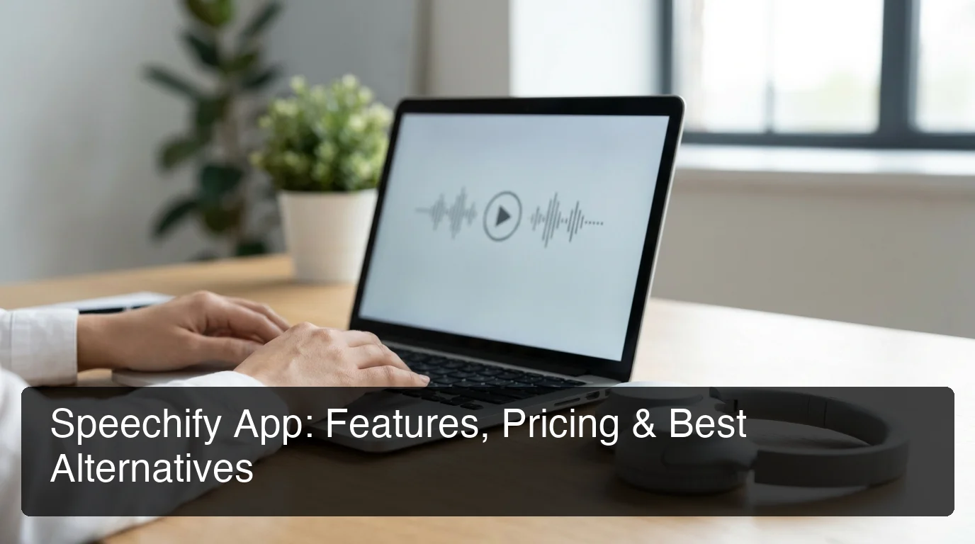 Speechify app text-to-speech features on laptop with headphones, professional workspace